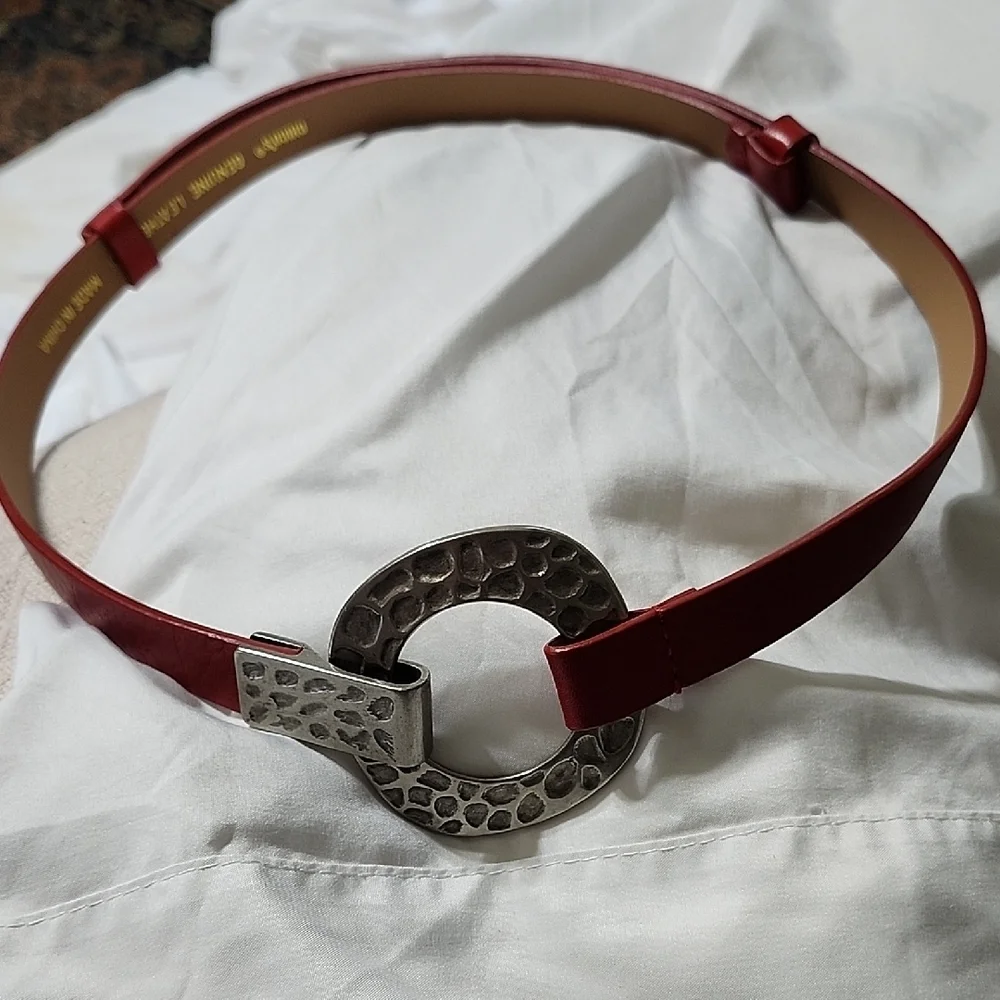 Chico's Silver Red Fashion Belt with Ornate Buckle